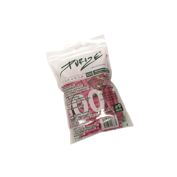 PURIZE Regular Size Aktivkohlefilter Pink – 100er Beutel, Ø 9 mm mit beidseitigen Keramikkappen und Kokos-Aktivkohle, Made in Germany